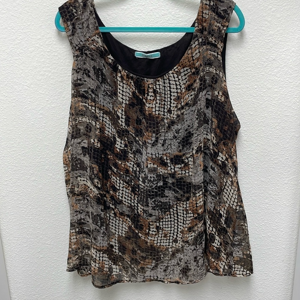 Pleione 2X Brown Tan Gray Tank Sheer Overlay Fully Lined Sleeveless Top